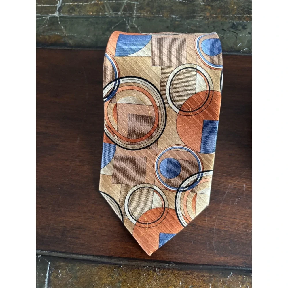 TWO Arrow & Meeting Street Vintage Silk Neckties Tan Brown Blue geometric circle